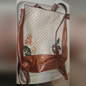 Fossil Elina convertible small backpack in brown leather with a floral logo